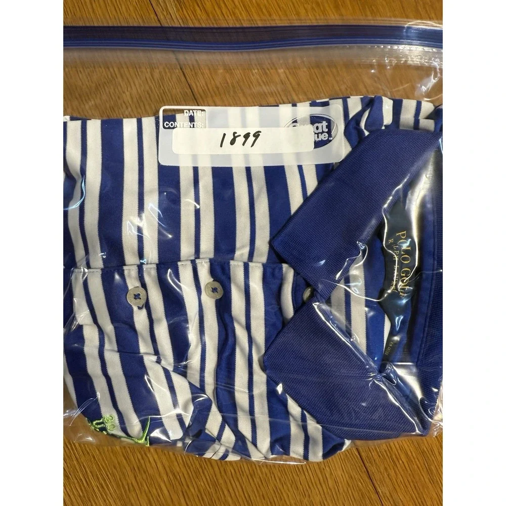 Ralph Lauren Polo Golf Shirt Mens M Blue White Striped 2015 US‎ Open Performance